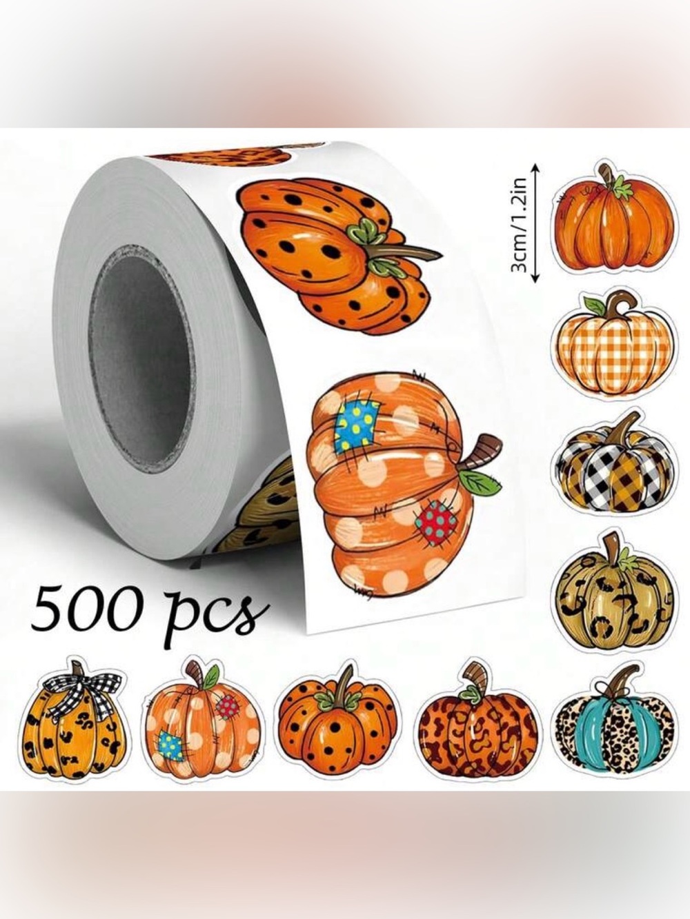 Pumpkin Sticker Roll - Plaid, Leopard, Polka Dot - 500 Pcs